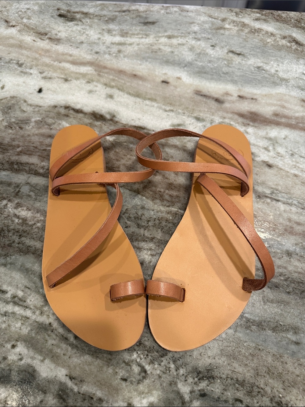 Handmade Greek Leather Sandals Size 39 US 8 Tan Toe Ring Wrap Flat Sandals - Picture 4 of 9